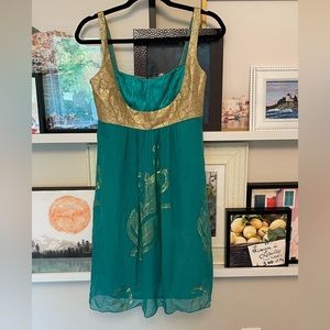 Nicole Miller Teal and Gold Dress Size 8